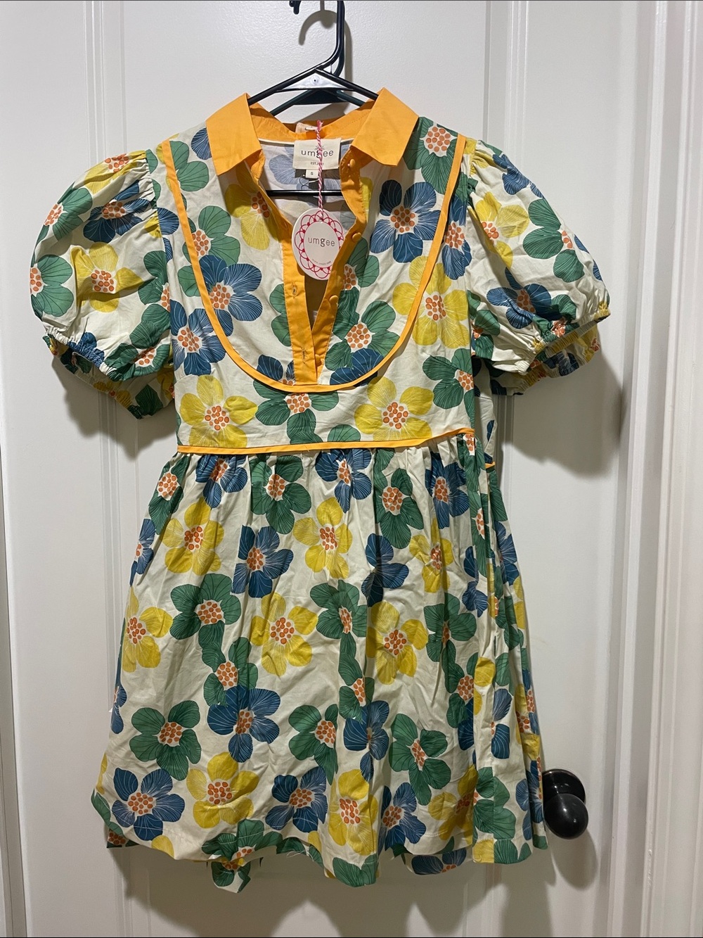 Umgee Yellow Multi Floral Cotton Puff-Sleeve Dress
